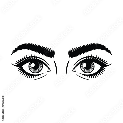 Stylized black and white illustration of expressive eyes with thick eyelashes and eyebrows silhouette vector illustration white background