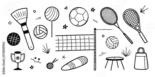 Collection of summer sports equipment and awards hand drawn sketchy style