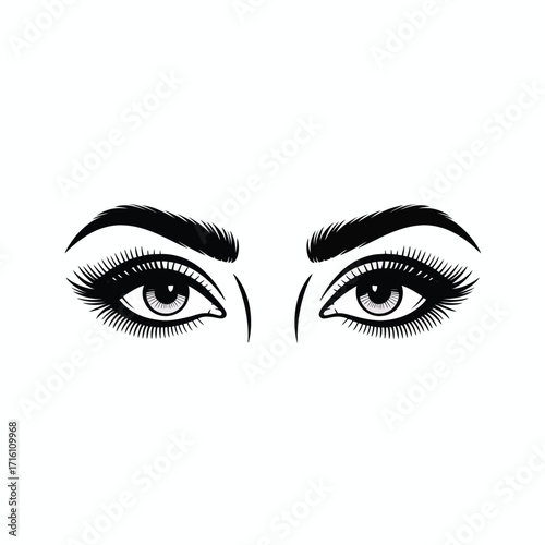 Stylized black and white vector illustration of detailed eyes with lashes silhouette vector illustration white background