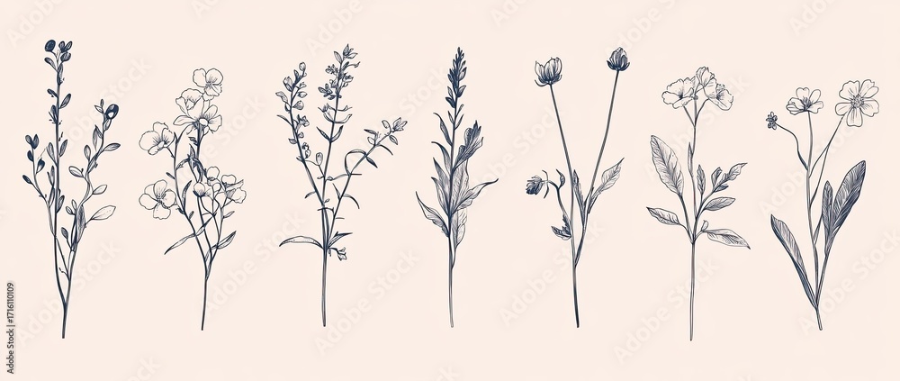 Fototapeta premium A set of wildflowers, vector illustration on a white background