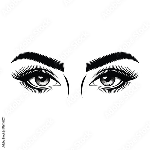 Striking black and white illustration of elegant eyes with lush lashes silhouette vector illustration white background