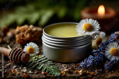 Silver tin of balm surrounded by chamomile flowers lavender herbs and a wooden honey dipper