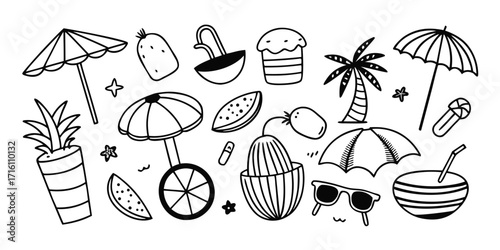 Doodle collection of summer beach icons including umbrellas palm trees and tropical drinks