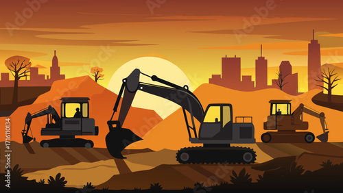 Vector art of excavators work on a construction site against the backdrop of the city at sunset, creating a striking silhouette and conveying progress