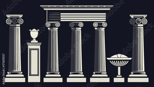 Vector art of a collection of classical architectural elements, including columns and pedestals, showcasing timeless design and historical inspiration