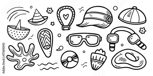 Summer beach vibes hand drawn sketch collection featuring sun hat goggles swim cap and seashells
