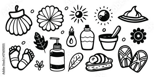 Beach and summer theme doodle icons sun sandals spa and relaxation elements for design