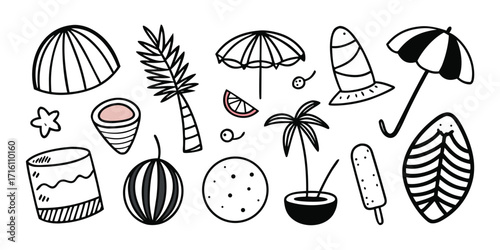 Whimsical hand-drawn summer beach icons perfect for vacation designs