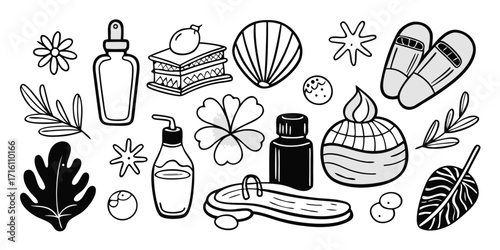 Summer spa and beach essentials collection sketch art elements for relaxation and travel