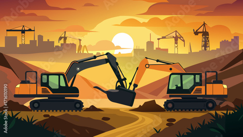 Vector art of two excavators face each other on a construction site at sunset, with cranes and city buildings in the background, creating a dynamic industrial scene