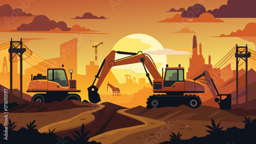 Vector art of construction site at sunset with excavators working, silhouetted against the sky, symbolizing industry, development, and the power of machinery
