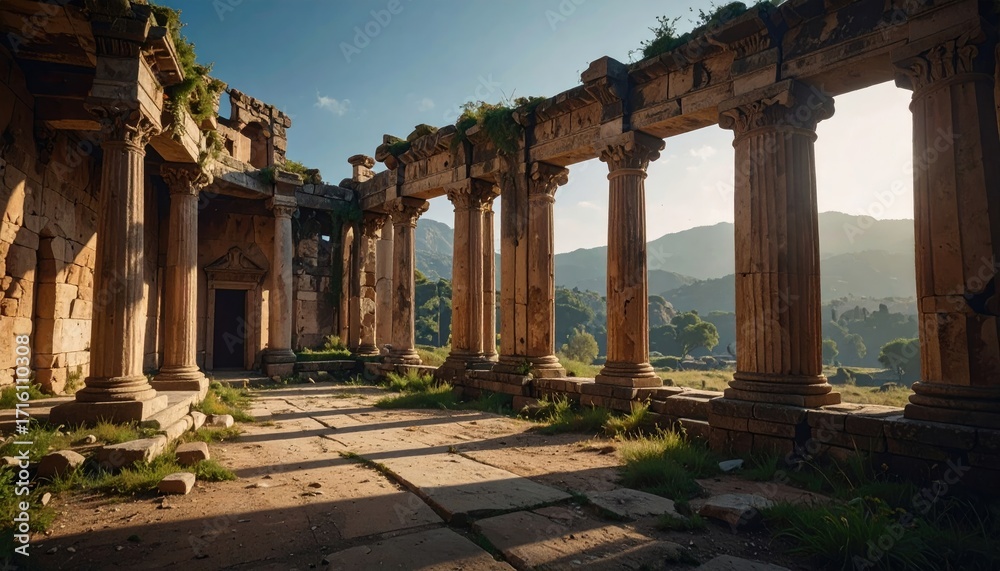 Fototapeta premium Ancient Stone Ruins with Columns Against a Sunny Sky Landscape View