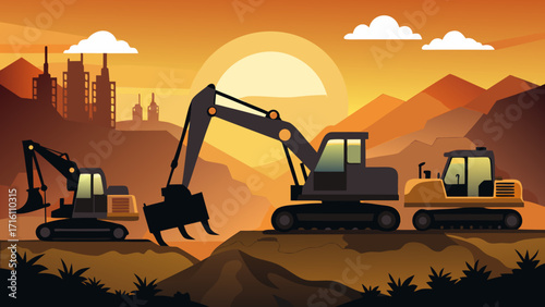Vector art of scenic illustration of excavators working on a construction site against a sunset backdrop, highlighting industrial activity and landscape transformation