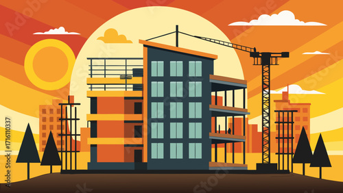 Illustration of a building under construction with a crane against a sunset, symbolizing progress, development, and urban growth in a vibrant setting