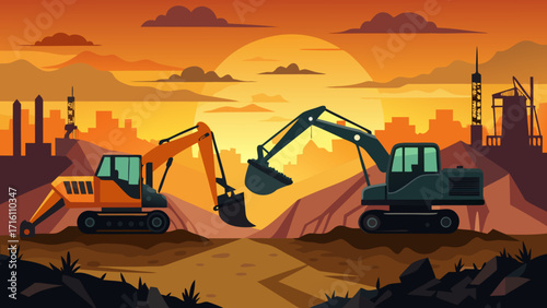 Illustration of excavators working at a construction site against a sunset backdrop, showcasing industrial activity and development in a vibrant setting