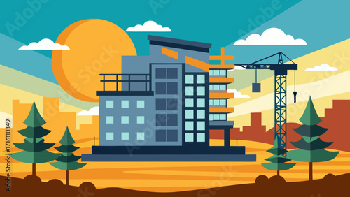 Illustration of a modern building under construction with a crane, set against a vibrant sunset backdrop, symbolizing urban development and progress
