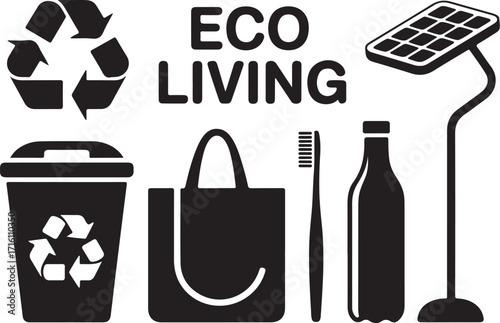 Eco living symbols: recycle, trash, bag, solar, bottle