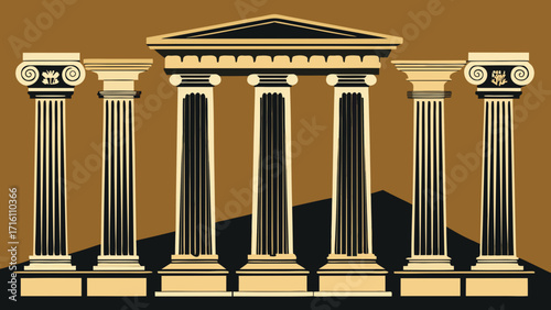 Vector art of detailed illustration of classical architectural elements, showcasing various column styles and ornate designs on brown background