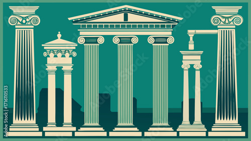 Vector art of detailed illustration of various ancient greek and roman columns, showcasing different architectural styles and historical significance