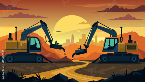 Vector art of dramatic illustration of two excavators facing each other at sunset, symbolizing construction, industry, and infrastructure development