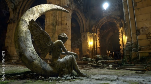 Lonely fairy statue with cracked wings, sitting beneath a crescent moon in a ruined cathedral