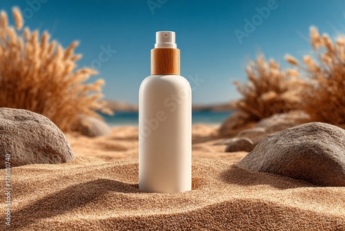 A white cosmetic bottle with a wooden cap stands on a sandy beach near dry grass and rocks