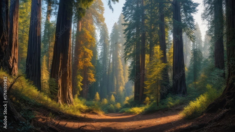 Obraz premium Forest path among towering redwood trees