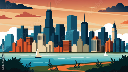 Vector art of a vibrant vector illustration of the chicago skyline at sunset, featuring iconic buildings, sailboats on the water, and lush greenery in the foreground