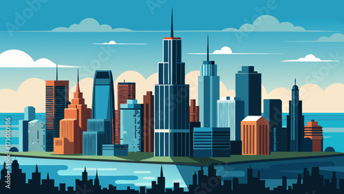 Vector art of vibrant city skyline illustration with modern skyscrapers, reflecting urban energy and architectural innovation against a serene blue sky backdrop