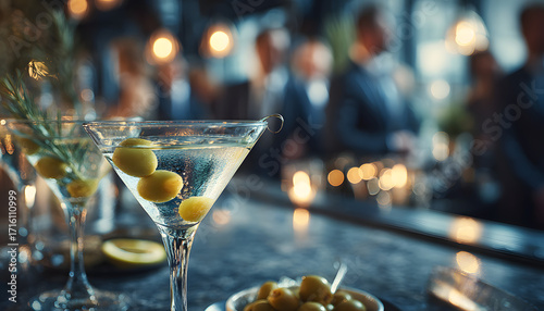 Wallpaper Mural Elegant martini cocktails with olives, lemon twists served at corporate event. Business people in suits network in blurred background. Sophisticated celebration, luxury hospitality, social gathering Torontodigital.ca