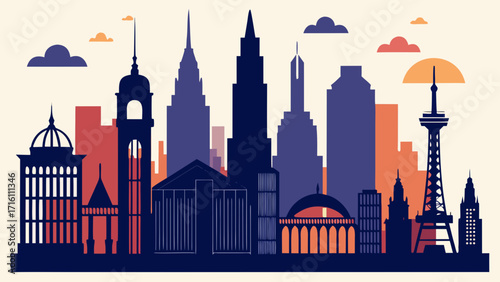 Vector art of colorful city skyline illustration showcasing diverse architectural landmarks against a light beige background, creating a vibrant and eyecatching urban landscape