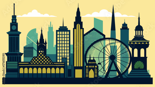 Vector art of vibrant city skyline illustration featuring various architectural styles, including skyscrapers, towers, and a ferris wheel, set against a bright yellow sky