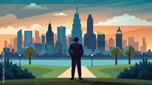Vector art of man standing in a park overlooking a modern city skyline at sunset, capturing a sense of ambition and urban exploration