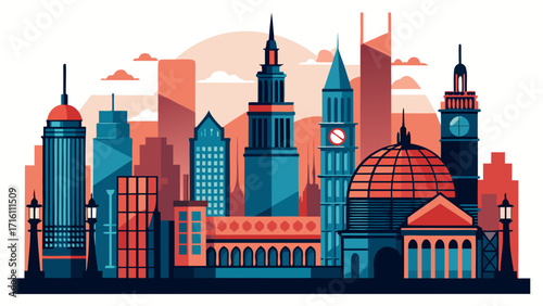 Vector art of detailed city skyline illustration, showcasing iconic landmarks and architectural diversity in a vibrant urban setting