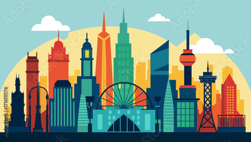 Vector art of vibrant shanghai skyline illustration featuring iconic landmarks against a soft blue sky, perfect for travel posters and urban design projects