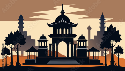 Vector art of silhouette of a majestic palace with intricate architecture, surrounded by lush trees and a serene landscape, creating a captivating and timeless scene