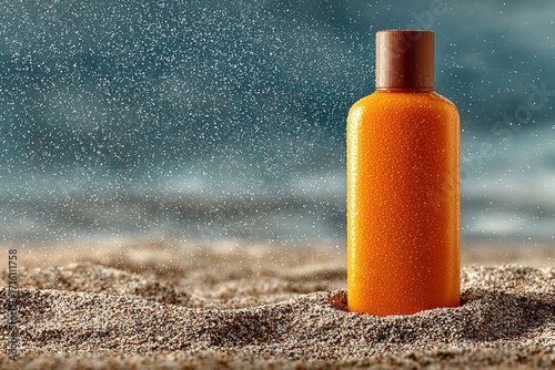 Orange sunscreen bottle with water droplets sits in beach sand with ocean background
