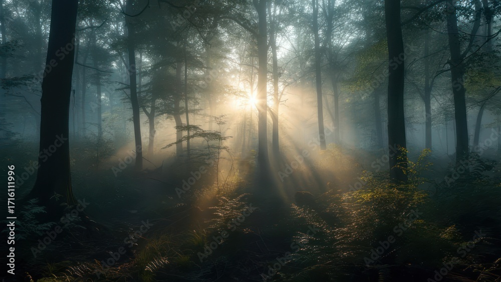 Obraz premium Forest sunlight beams through misty trees