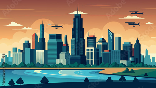Vector art of dynamic cityscape vector illustration featuring modern skyscrapers, a serene river, and helicopters against a warm sunset sky, capturing the essence of urban life