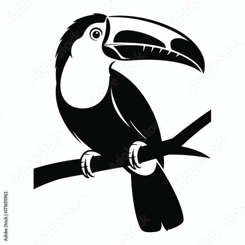 Black and white toucan bird perched on branch vector illustration scalable eps icon silhouette vector illustration white background
