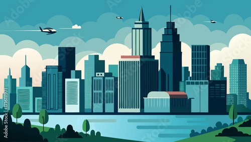 Vector art of tranquil city skyline vector illustration featuring modern buildings, a serene lake, and airplanes against a clear sky, capturing the essence of urban life
