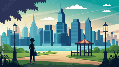 Vector art of a serene city park scene with a woman walking towards the cityscape, featuring lush greenery, a gazebo, and a tranquil waterfront view