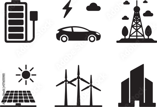 Green energy icons modern electric car solar wind power