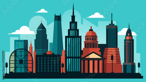 Vector art of colorful cityscape illustration featuring iconic buildings and landmarks, set against a vibrant teal sky with fluffy white clouds
