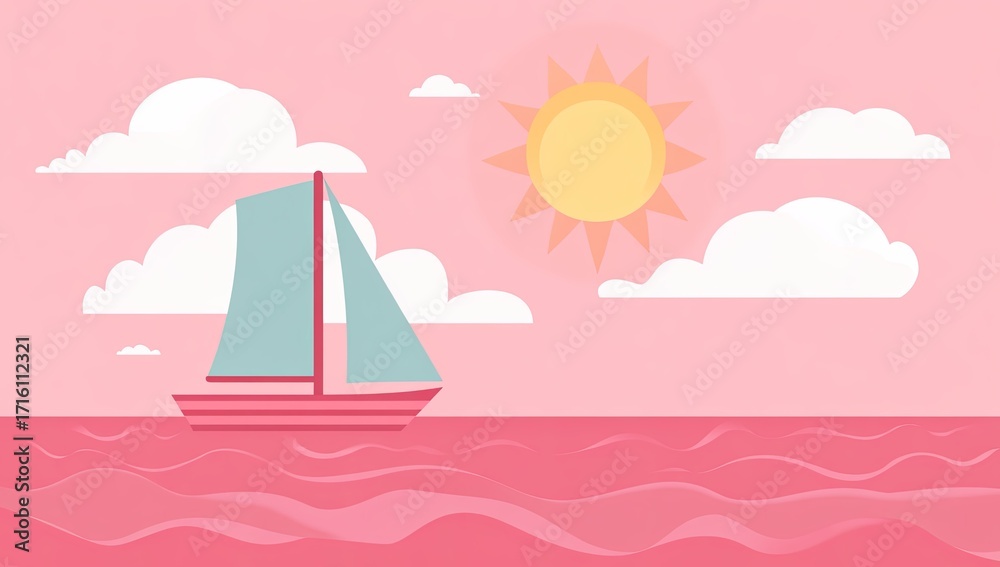 Naklejka premium A simple, flat illustration of a sailboat on the sea with a pink sky and sun