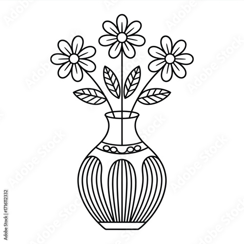 Simple stylized black and white vector illustration of flowers in a decorative vase silhouette vector illustration white background