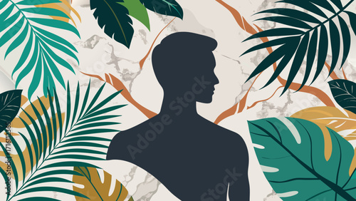 Vector art of silhouette of a mans head surrounded by tropical leaves and marble background, creating a modern and artistic composition with nature elements