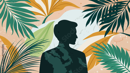 Vector art of silhouette of a person surrounded by tropical leaves, creating a mysterious and exotic atmosphere with a blend of nature and human presence