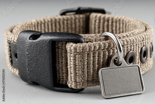 Close up of a durable tan fabric dog collar with a black buckle and blank metal tag