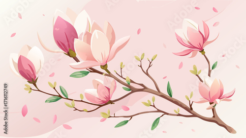 Vector art of delicate magnolia branch with blooming flowers and falling petals, , creating a soft and romantic atmosphere